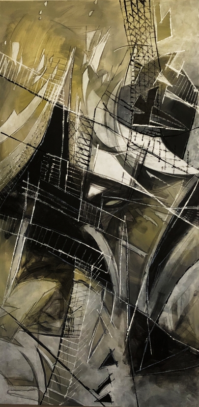 15  - Patricia Gund | Shadow Composition in gray, black and white | Acrylic on canvas, grease pencil -  24x48 | $900