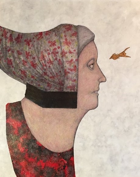 23 - Lynn Hobart | Figure in Bonnet | Acrylic, pen, and pencil -  36x30 | $700