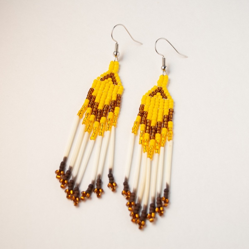 Brittany Tainter - Yellow Brown and Quill Fringe Earrings | Seed bead and porcupine - 5/8 x 3 | $45