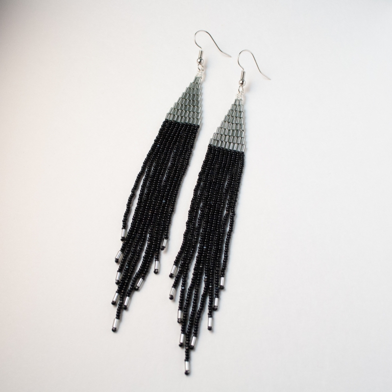 Brittany Tainter - Metallic Silver and Black Fringe Earrings | Seed Bead Earrings - 5/8 x4 3/4 | $80