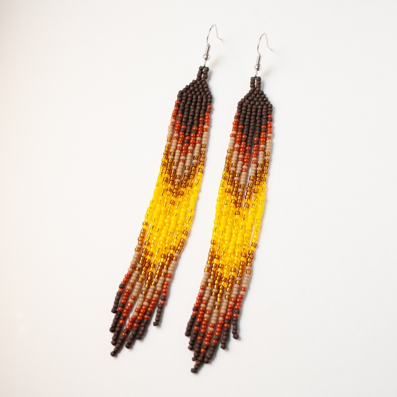 9 - Brittany Tainter - Brown Maroon and Yellow Fringe Earrings | Seed bead earrings 5/8 x 4 3/4 | $60