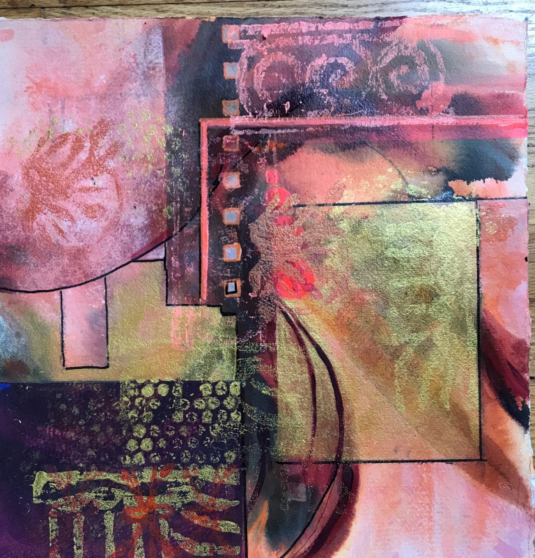 Everything's coming up rosy by Patricia Mayhew Hamm | Acrylic stamping and stencil 26x26 | $600