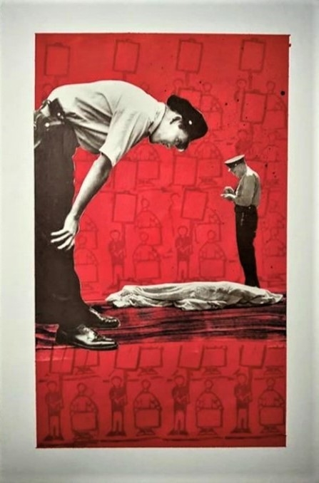 Jason J Lee - Blood Will Spill Blood | Collage, paint, handcut stamp, ink, 18x12 | $350