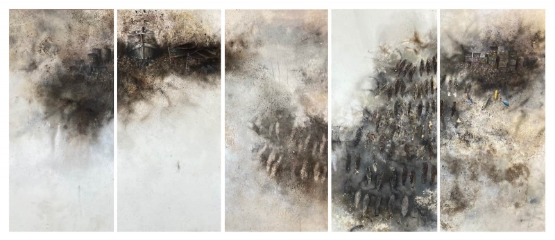 20_verehrung_oil-ignited-gunpowder-ash-paper-on-five-hardboard-panels_48x22_laurie-bieze-art-collection